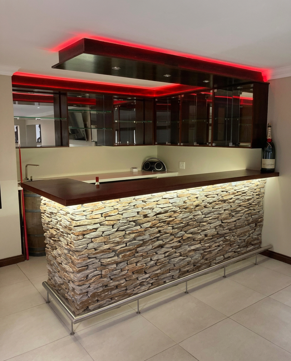 Stone-Clad Entertainment Bar — built by Modern Kitchens & Cupboards